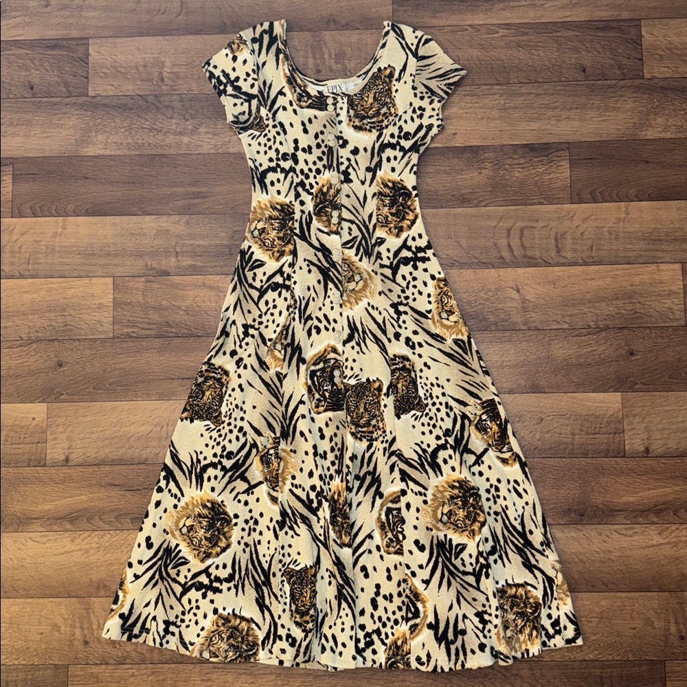 VTG EPIX Size Large 90's Cat Print Midi / Maxi Dress Rib Knit Button Front Artsy